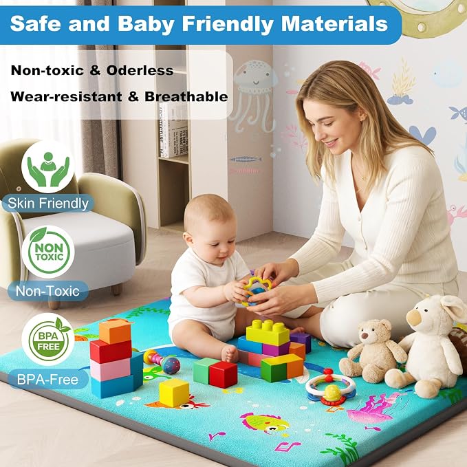 1.3" Thick Baby Play Mat for Floor, Elasti-Foam 50x50 Playpen Mat, Water Repellent Ultra Soft Coral Velvet Tummy Time Crawling Mats for Kid Toddlers Infants, Non-Slip Backing Safe for Crawling Ocean