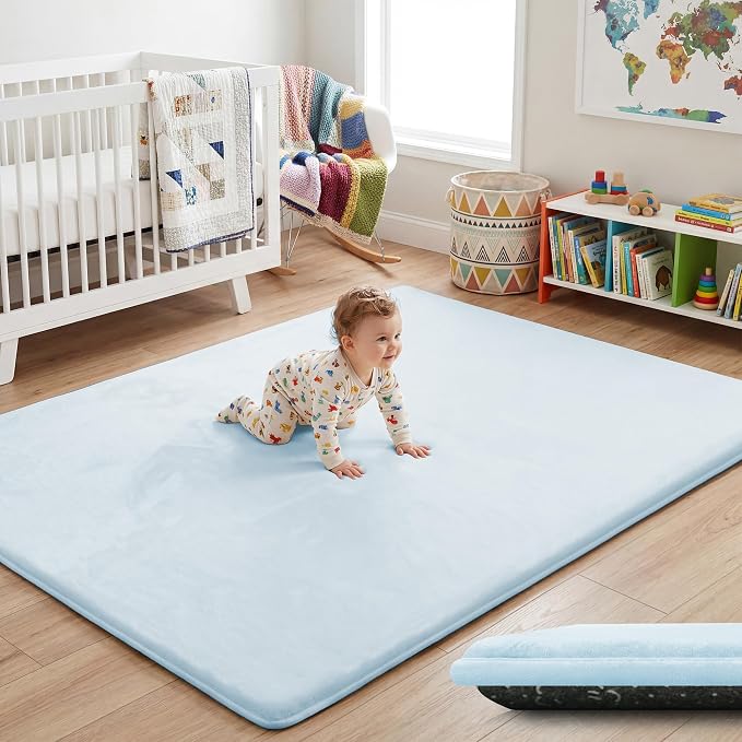 79x118 Baby Play Mat for Floor, 1.5" Thick Foam Play Mats Baby Blue | Memory Mat for Baby to Play, Waterproof Easy Care with Non-Slip Tummy Time Play Mat for Nursery Playroom Classroom