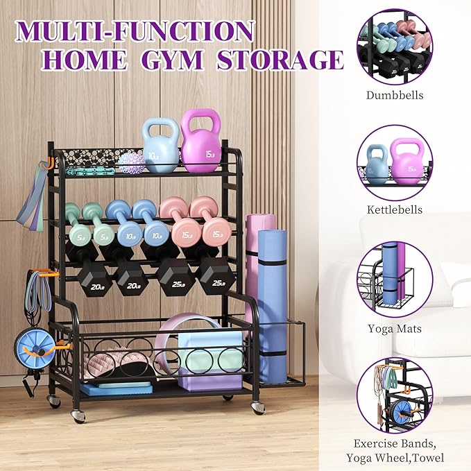 VOPEAK 3-Tier Dumbbell Rack with Wheels, Weight Rack for Home Gym Storage | Stores dumbbells, kettlebells & yoga mats. Lockable wheels for mobility. Sturdy steel frame, easy 15-min assembly