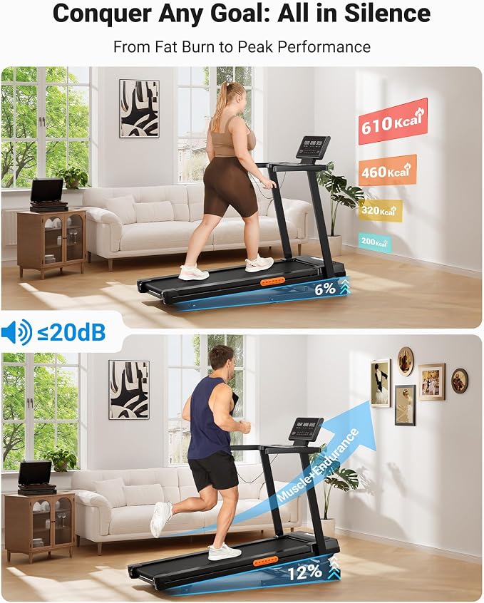 THERUN Incline Treadmill, Treadmill with Incline Brushless Motor Treadmill | 12% auto incline, 8.7MPH, quiet brushless motor, foldable treadmill with cup holder, heart rate monitor, computer holder