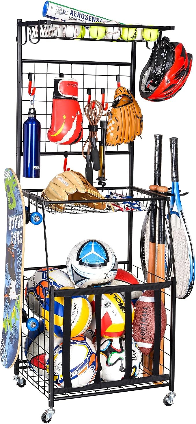 PLKOW Sports Equipment Storage for Garage, Indoor/Outdoor Sports Rack for Garage, Ball Storage Garage Organizer with Basket and Hooks,Toy/Sports Gear Storage