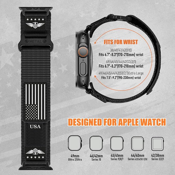 Rugged Nylon for Apple Watch Ultra 2/ Ultra 3 Band Series 11/10/9/8/7/6/5/4/3/SE iWatch Bands Men,Soft Woven Stars-Stripes Flag Wristbands Strap for Apple Watch Ultra 3/2/1 49mm 46mm 45mm 44mm 42mm