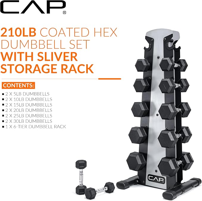 CAP Rubber Coated Hex Dumbbell Set with Storage Rack | 100–210 lb Options, Space-Saving Vertical Compact Storage for Home Gym Strength Training