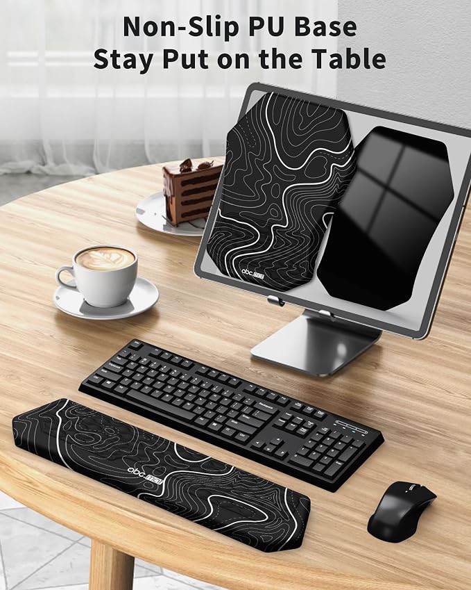 Ergonomic Mouse Pad Wrist Rest and Keyboard Wrist Rest Support Set | Massage Design Mousepad for Carpal Tunnel Pain Relief, Memory Foam, Non-Slip PU Base for Computer Desk, Topographic