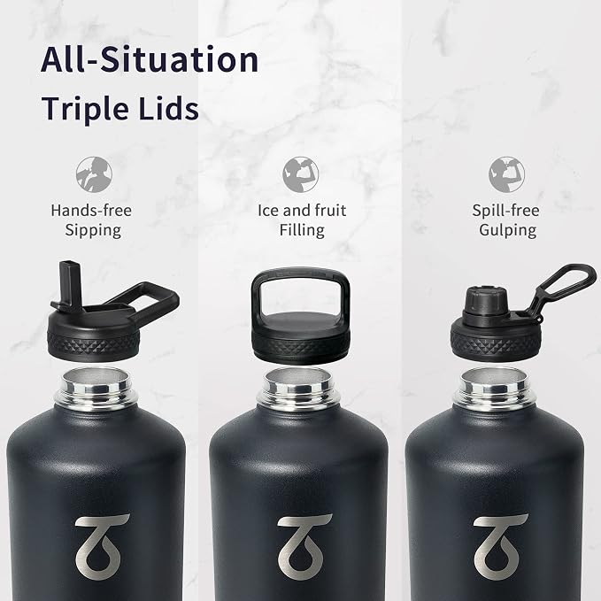 Trebo One Gallon Water Bottle Insulated with 3 Lids, Paracord Handle & Bag | 128 oz Large Stainless Steel Water Jug, Triple Wall Vacuum Copper Plated, Dishwasher Safe, Keeps Cold 48 Hrs for Hiking, Gym