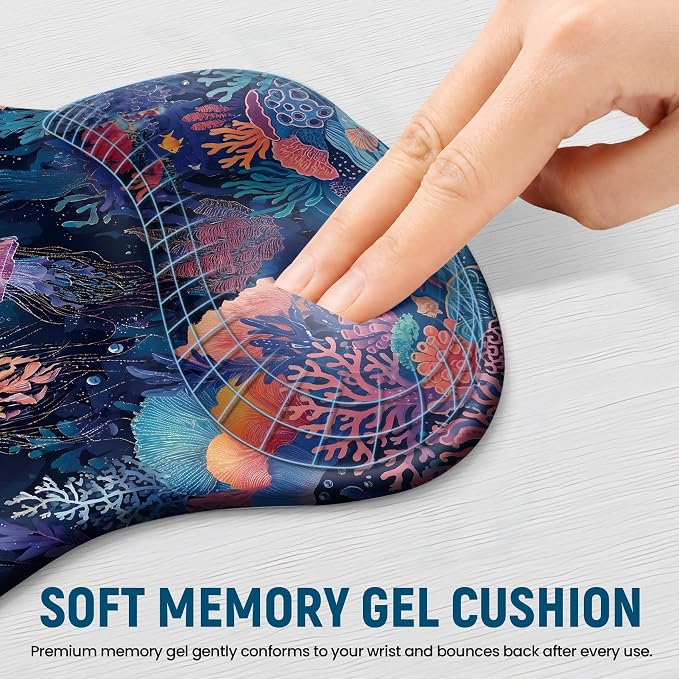 Ergonomic Mouse Pad with Wrist Rest, Gel Wrist Support, Jellyfish | 10.2 x 7.6 in Mouse Pad with Smooth Fabric Surface and Non-Slip Rubber Base for Office, Home, Study, and Gaming