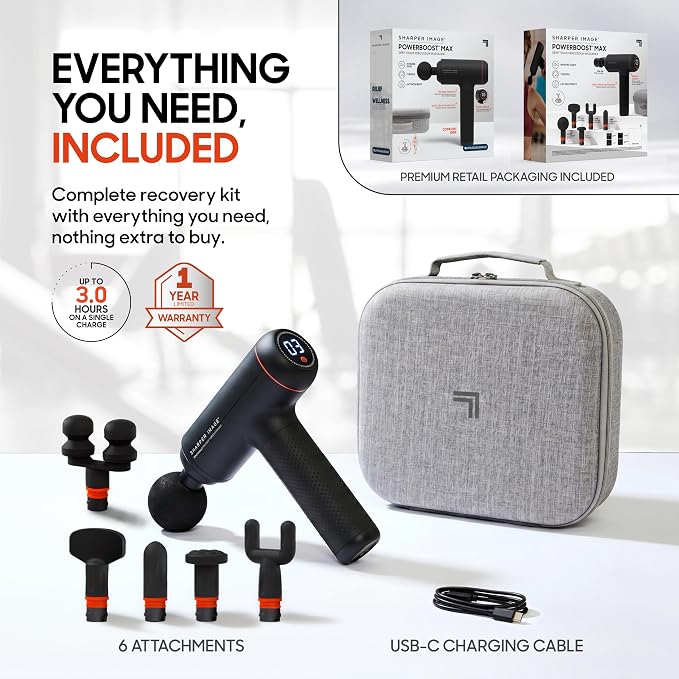 Sharper Image PowerBoost Max Massage Gun [2026 Version] Anti-Stall Deep Tissue Percussion Massager| 7 Speeds| Workout Muscle Recovery| Pain Relief| Back & Shoulder Massage Tool| Gifts for Men Women