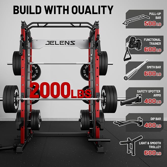 JELENS Smith Machine for Home Gym, Multi-Function M12 Power Cage with Cable Crossover System, Squat Rack with Smith Bar and More Attachment