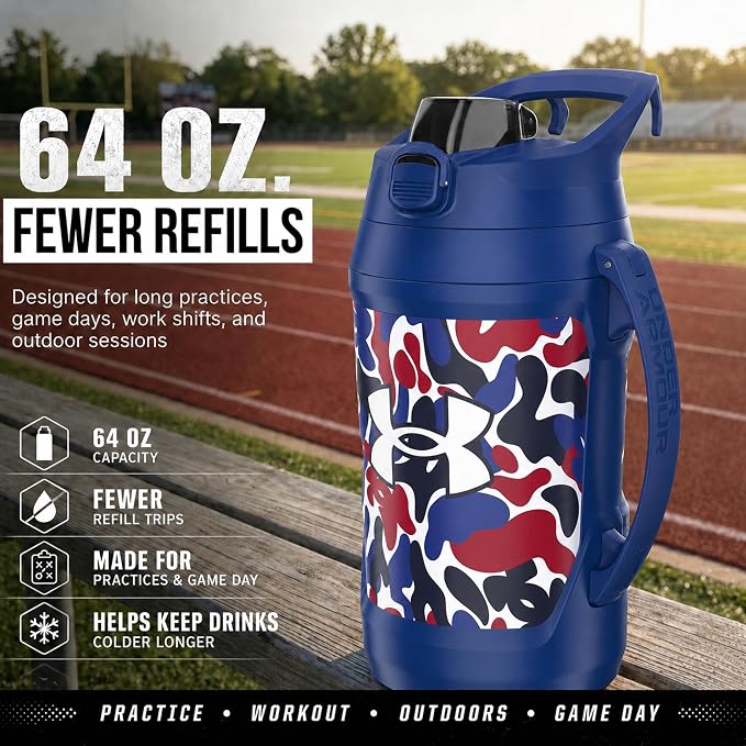 Under Armour Insulated Water Bottle with Handle & Fence Hook, Half Gallon Sports Water Jug, Leak-Resistant & BPA-Free for Baseball, Football & Gym - Royal Hypercamo, 64oz