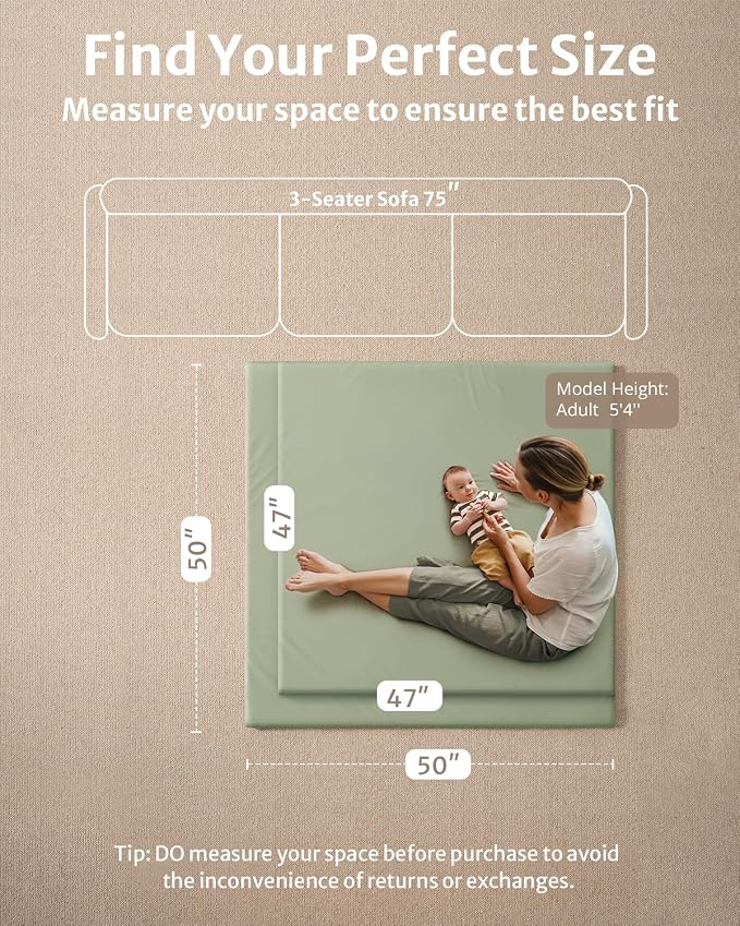 Blissful Diary Vegan Leather Baby Play Mat, 47''x47'', Light Green | thick cushion, safe and soft fabric, waterproof and wip clean, indoor use, non-slip bottom, stylish mordern decor