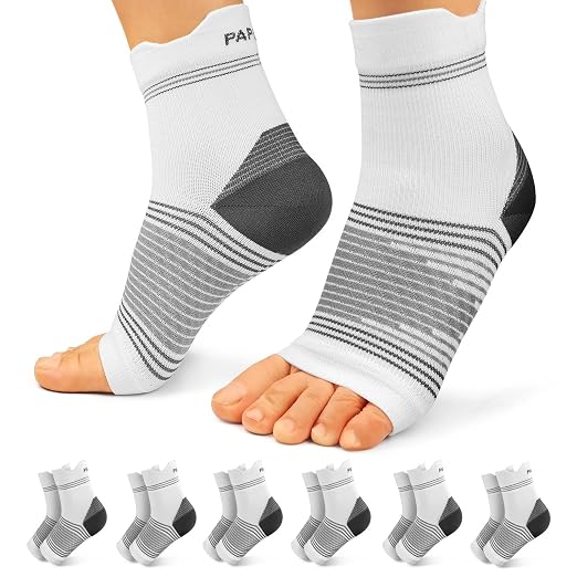 PAPLUS 6 Pairs Compression Socks with Arch Support for Plantar Fasciitis | Ankle Brace for Achilles Tendonitis, Heel Pain, Swelling & Arthritis Relief, Foot Compression Sleeve for Women, Men, White M