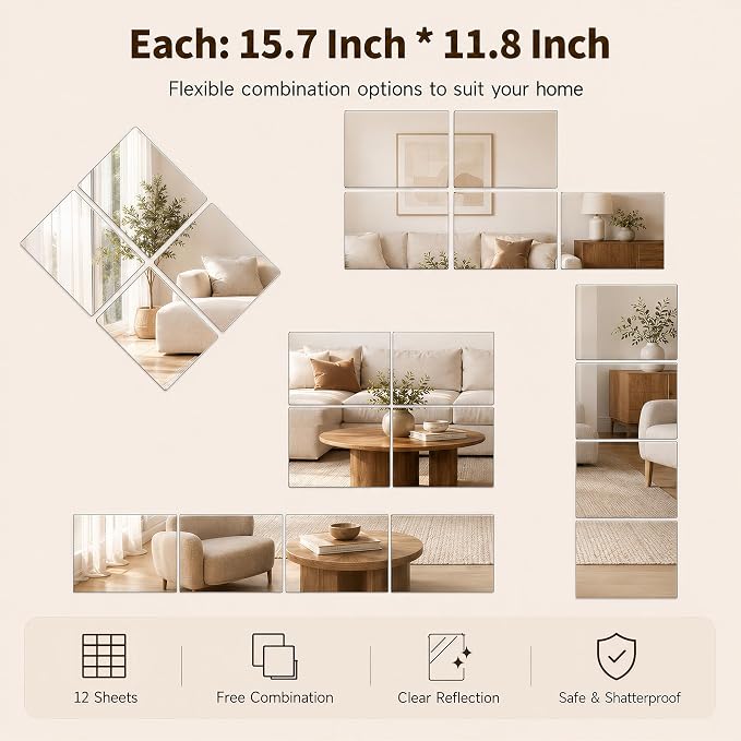 12 Pack Tempered Glass Gym Mirror Tiles 16" x 12" Each Self-Adhesive Wall Mirrors, Frameless Workout Mirrors for Home Gym Workout Yoga