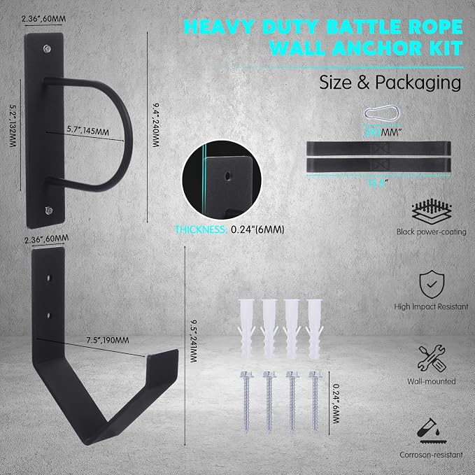 Battle Rope Wall Mount Kit with Anchor Strap Heavy Duty Steel Battle Rope Wall Mount Kit with Anchor & Storage Hook and Reinforced Nylon Strap, Easy and Fast Setup