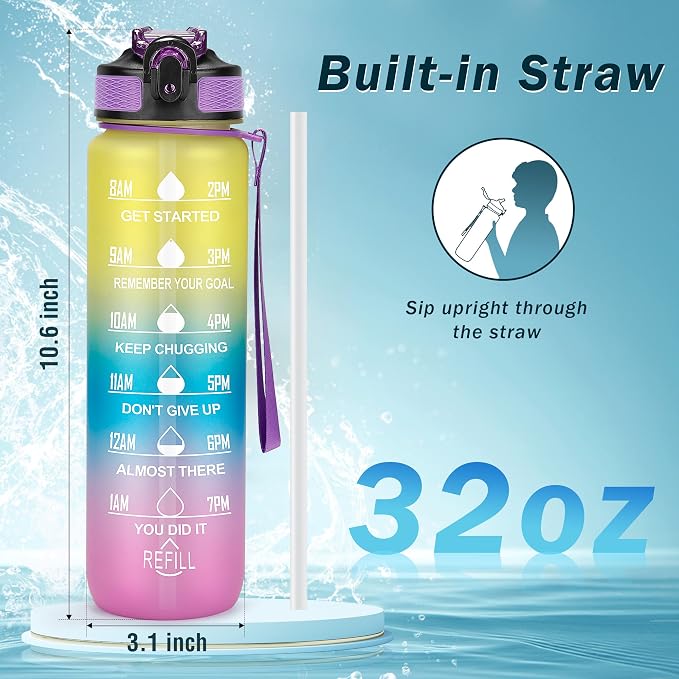 YC Kitchen Motivational Water Bottle with Time Marker - 32oz, Leak-proof BPA Free Sports Water Bottles with Straw & Carrying Strap