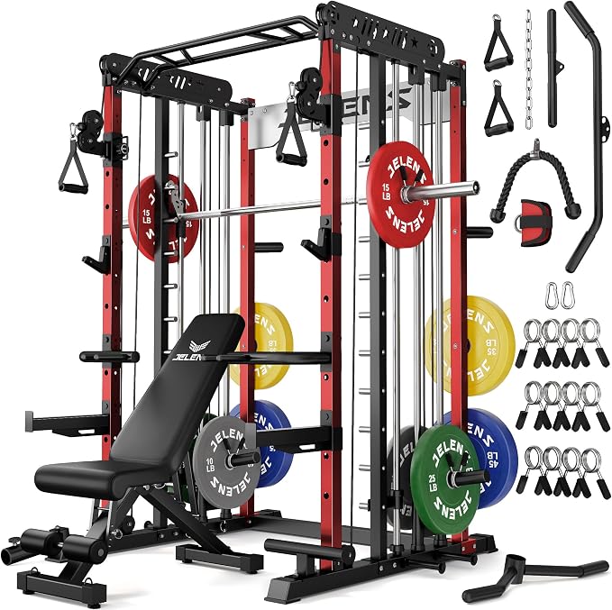 JELENS Smith Machine for Home Gym, Multi-Function M12 Power Cage with Cable Crossover System, Squat Rack with Smith Bar and More Attachment