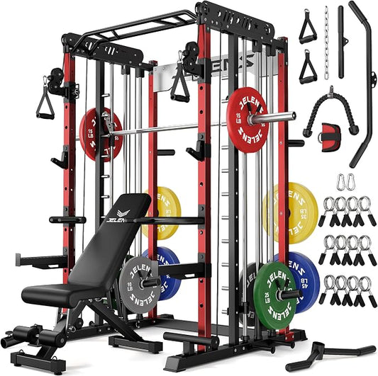 JELENS Smith Machine for Home Gym, Multi-Function M12 Power Cage with Cable Crossover System, Squat Rack with Smith Bar and More Attachment