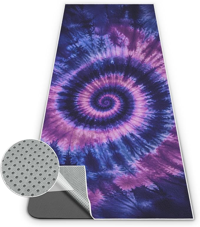 Yoga Mat Towel Non Slip Ultra-Absorbent Hot Yoga Towel, Super Stylish Printed Sweat Hot Yoga Towel, Ideal for Home, Workouts, Pilates, Yoga, 72 x 27in, Purple & Black Tie Dye