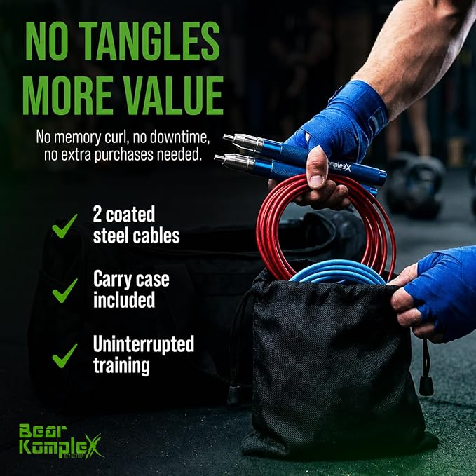 Bear KompleX Speed Jump Rope - Adjustable Tangle-Free Skipping Rope, Lightweight Handles, Smooth 360° Swivel Bearings, 2 Steel Cables, Free Carrying Case