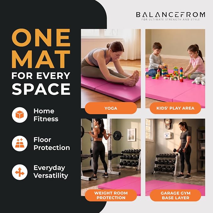 BalanceFrom 6x2 Feet 3-Panel Folding Gymnastics Mat – 2-Inch Thick Pad with Vinyl Surface and Carrying Handles for Tumbling, Yoga, Pilates, Home Workouts, and Martial Arts
