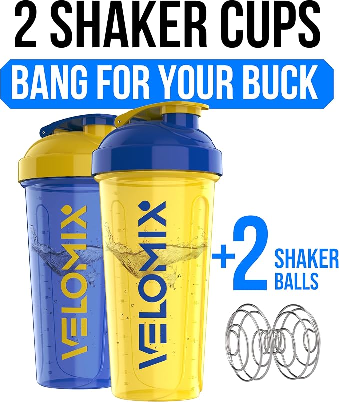 VELOMIX 2 Pack 28oz Protein Shaker Bottle for Protein Mixes, Stand Strong | 2x Wire Whisk, Leak Proof Shaker Cups for Protein Shakes, Stackable, Dishwasher safe, BPA free, Pre Workout and Fitness ready