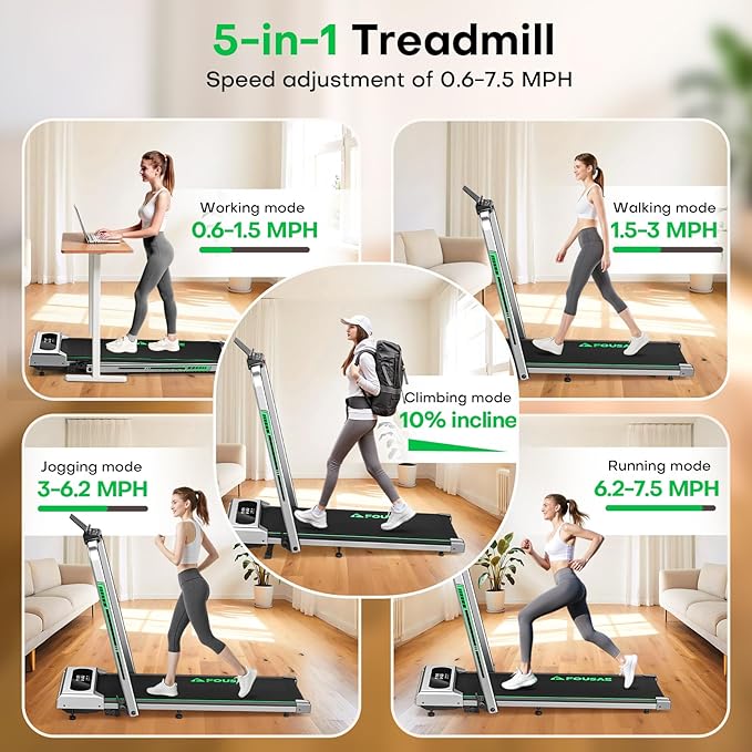 Treadmills for Home, App Compatible, 5 in 1 7.5MPH Foldable Treadmill with 10% Incline, 3.0HP Brushless Drive, 12 HIIT Programs, Full Screen LED Display, Remote Control, 400 LBS Weight Capacity