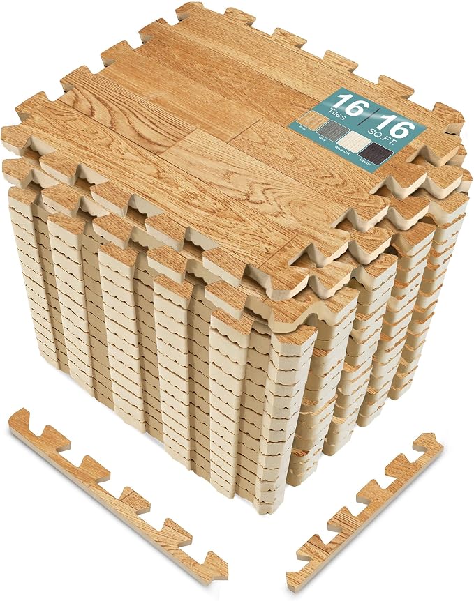 Sorbus Wood Grain Floor Mats Foam Interlocking Mats Each Tile 1 Square Foot 3/8-Inch Thick Flooring Wood Mat Tiles - Home Office Playroom Basement Trade Show (16 Tiles,16 Sq ft, Wood Grain - Pine)