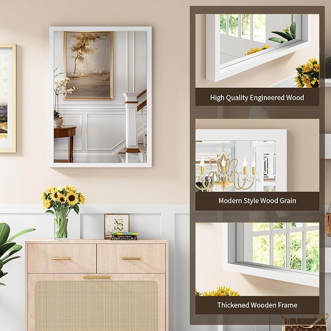 Syndra White Wood Frame Bathroom Mirror, 22''x30'' Modern Vanity Mirror for Wall, Waterproof Slim Deep Frame, Rectangular HD Tempered Glass Mirror for Living Room, Bedroom, Entryway, Rustic, Farmhouse