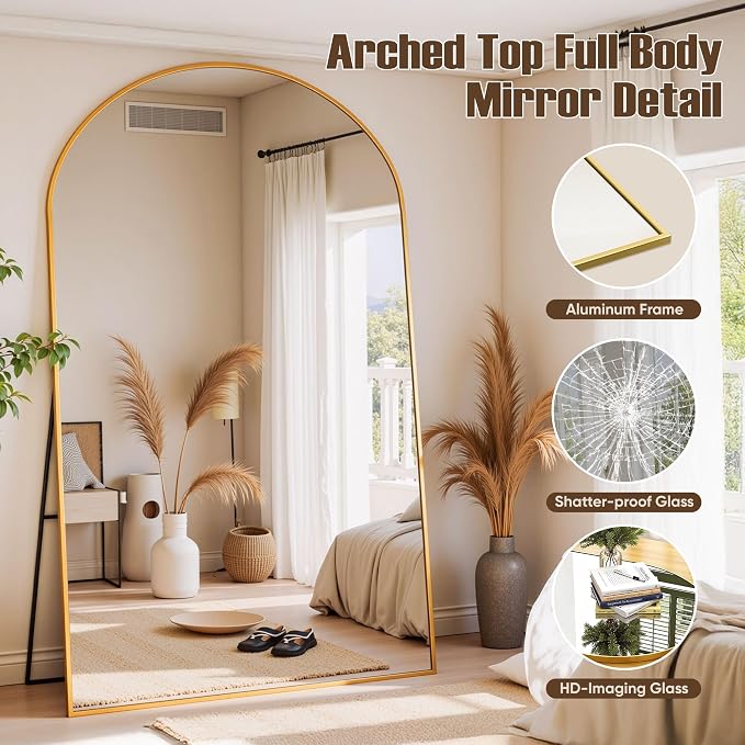 Floor Mirror, 81"x41" Oversized Full Length Mirror with Stand, Arched Full Body Mirror Standing Hanging Leaning Against Wall, Aluminum Frame Giant Mirrors for Bedroom Cloakroom, Gold