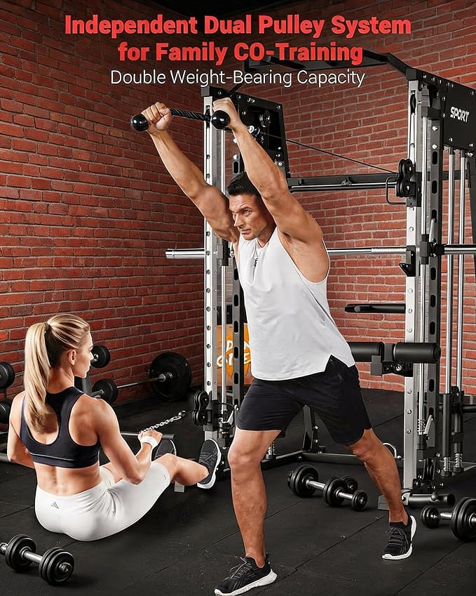 Garvee Smith Machine Home Gym, 2200LBS Power Cage Squat Rack with Smith Bar | With Cable Crossover, LAT Pull-Down & Leg Hold-Down - Multi-Functional Strength Training Equipment for Home, Red