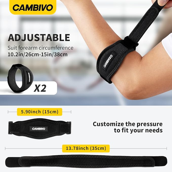 CAMBIVO 2 Pack Tennis Elbow Brace Strap for Tendonitis, Black | EVA Compression Pad, Adjustable Strap with Premium Velcro, for Men and Women, Golfer's Elbow, Counterforce Brace, Breathable
