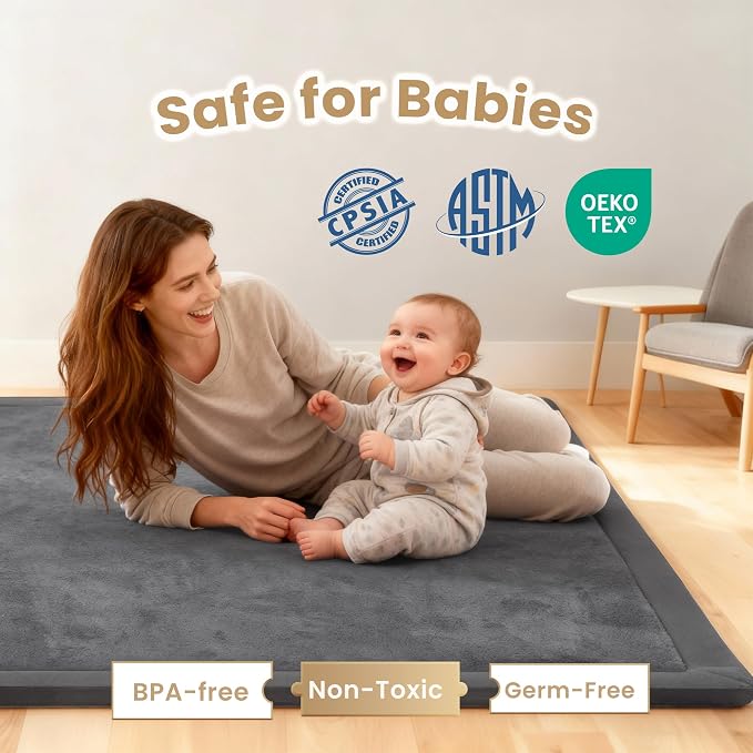 ACOMOPACK Baby Play Mat for Floor 1.3" Thick Memory Foam Play Mat 71"×79" Tummy Time Crawling with Non-Slip Bottom for Living Room,Nursery,Soft Velvet Playpen Mats for Kids,Infants（Dark Grey）