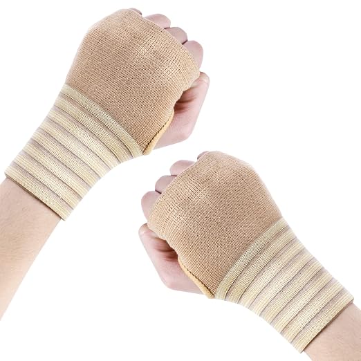AOOWU Wrist Brace, 2 Pack Elastic Wrist Support with Strap, Wrist Compression Wrap Adjustable Wrist Strap Relieves Wrist Pain, Tendonitis, Sports Use for Men and Women, Right & Lef(cream color)