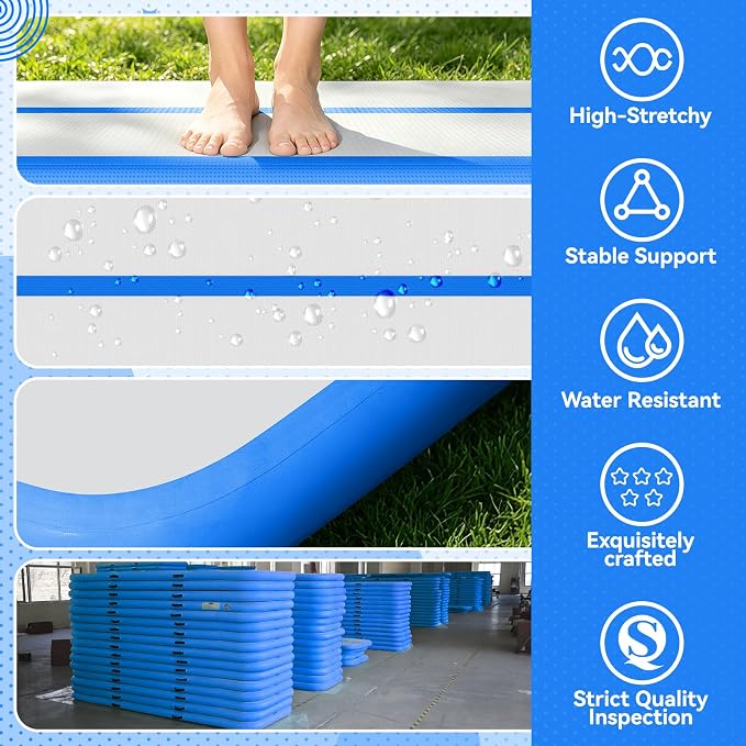 FBSPORT 6.6ft/10ft/13ft/16ft/20ft Inflatable Air Gymnastics Training Mat | 4/6/8 inches Thickness Inflatable Mat, with Electric Pump, Suitable for Home Training/Cheerleading/Yoga/Water