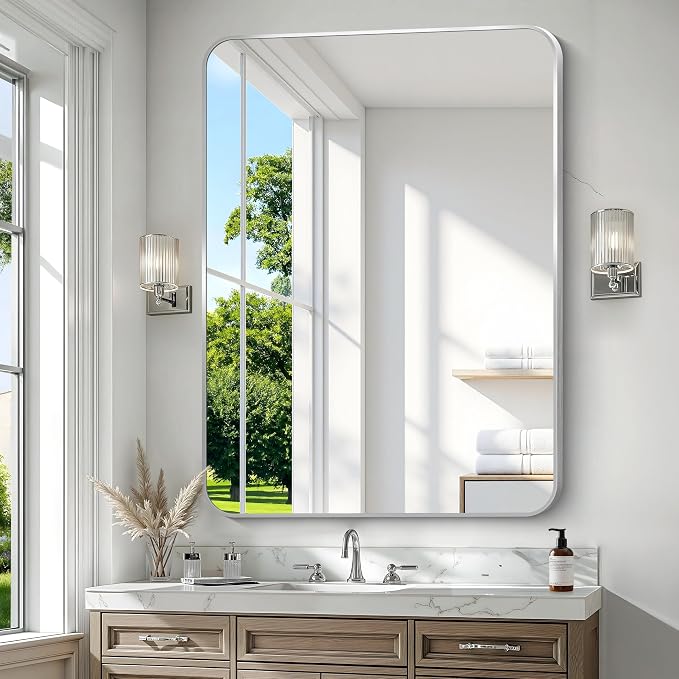 Silver Bathroom Mirror,36x48 inch Wall Mirror for Bathroom Wall Mounted,Rectangle Mirror for Bathroom Over Sink,Modern Frame Round Corner for Living Room,Bedroom Entryway,Horizontal/Vertical