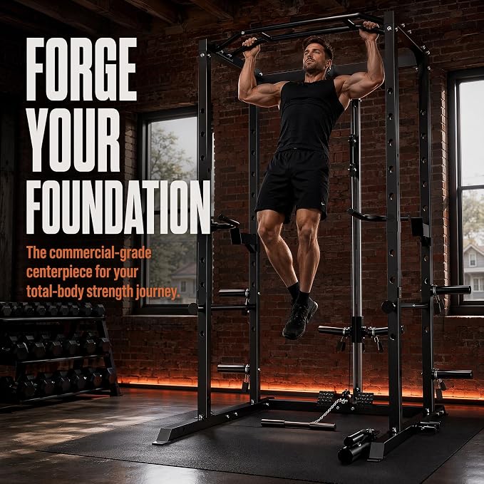 5-in-1 Power Rack Heavy Duty Home Gym | 5 Configs: Only, +Pulley, +Bench, +150LB, +240LB. 1200LB, 50x50mm, 83"H. J-Hooks, Safety Bars, Landmine. Olympic 2" Plates.