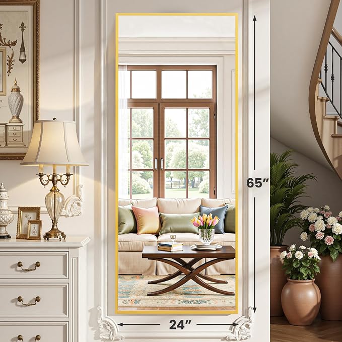 OLIXIS Full Length Mirror for Bedroom, 65"x24" Full Body Mirror with Stand | Hanging or Leaning for Wall, Aluminum Alloy Thin Frame Floor Standing for Living Room, Long, Gold
