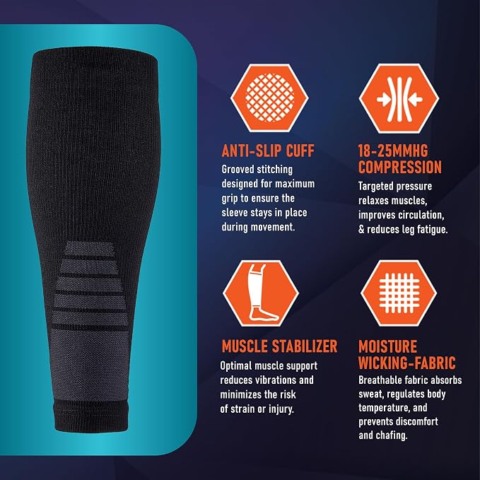 Calf Compression Sleeves for Men and Women - (1 Pair) Footless Compression Socks Support for Varicose Vein, Nursing, Pregnancy, Running - PhysFlex Leg Sleeve Brace for Shin Splints, Pain Relief and
