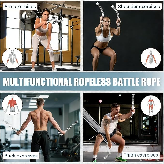 2PCS Weighted Ropeless Battle Ropes for Home Gym, Heavy Duty Arm Exerciser for Strength Training, Portable Battle Rope for Advanced Workouts and Core Muscle Building (Grey 3)