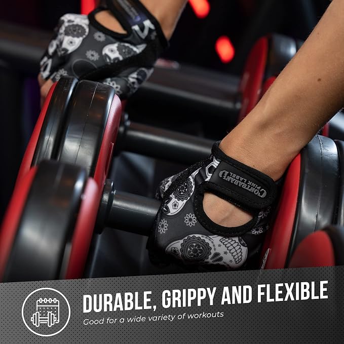 Contraband Pink Label 5237 Womens Designer Workout Gloves | Sugar Skull Print w/Grip-Lock™ Padding (Gray, Large)