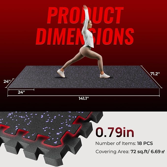 SUPERJARE 0.79'' Extra-Thick Exercise Equipment Mats, 18 Pcs 72 Sq Ft Rubber Top Floor Tiles with High Density EVA Foam, Interlocking Gym Flooring for Home Gym, Protective Workout Mat, Black/Purple