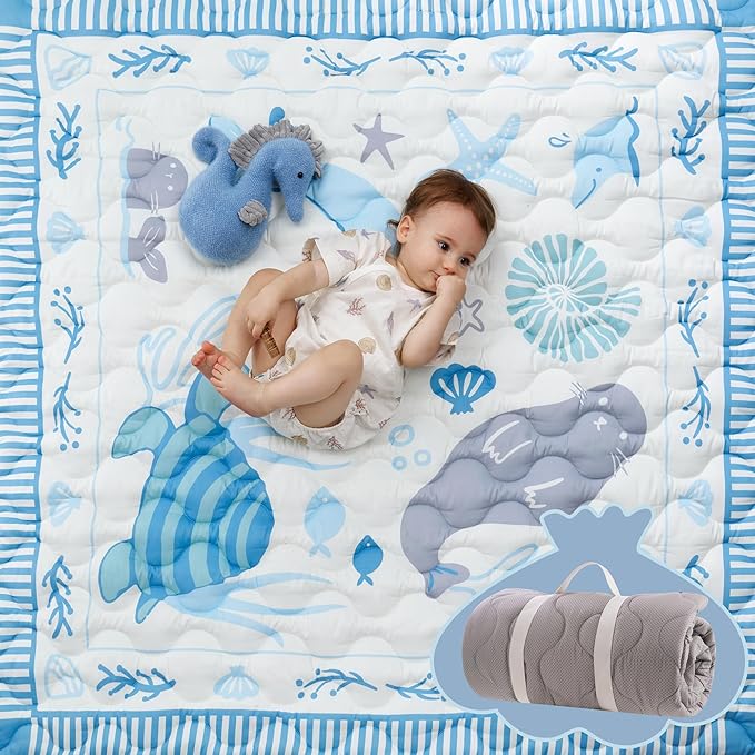 Momcozy Baby Play Mat for Floor, 50"x50" Thickened Playpen Mat | Playmate for Baby Tummy Time, Waterproof & Non-Slip, Foldable Outdoor Mat with Carrying Handle, Ocean Parade