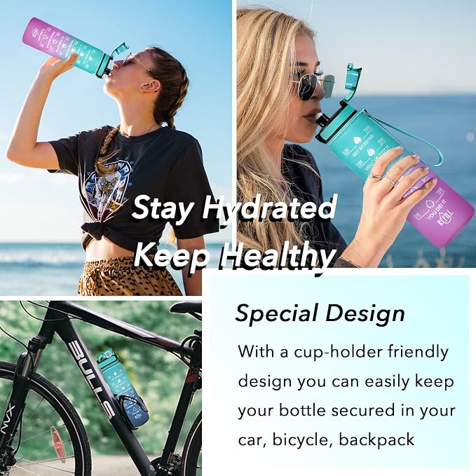 Enerbone Water Bottle, Leakproof BPA & Toxic Free, Motivational Water Bottle with Times to Drink and Straw, Fitness Sports Water Bottle with Strap for Office, Gym, Outdoor Sports