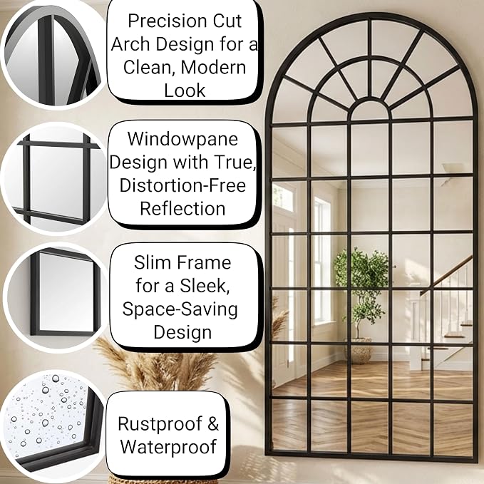 64x30Inch Large Arched Window Pane Mirror| Black Arched Mirrors for Wall & Floor | Arch Mirror Full Length for Entryway Living Room & Bedroom | Oversized Mirrors | Wall Art Decorative |Farmhouse Décor