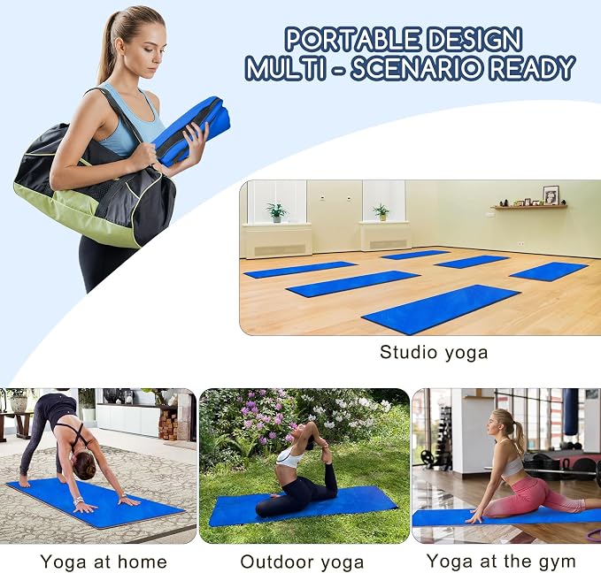 Yoga Mat Towel, Extra Thick (600GSM) Soft Hot Yoga Towel, Non-Slip and Sweat Absorbent for Hot Yoga, Bikram, Pilates, and Fitness, 72" x 27.5", Dual-Color, Grey/Blue