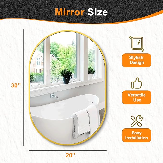 Bathroom Mirror for Wall, 30''x20'', Gold Oval Mirror for Bedroom Entryway Bathroom, Metal Framed Vanity Mirror(30''x20'',Gold)