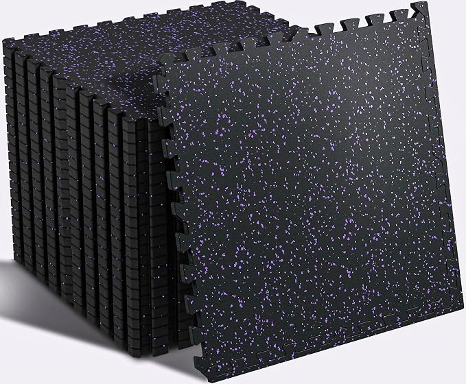SUPERJARE 0.56'' Thick 12 Pcs 48 Sq Ft Rubber Top Exercise Equipment Mats, High Density EVA Foam Mats with Rubber Top, Interlocking Gym Flooring for Home Gym, Protective Workout Mat, Black/Purple
