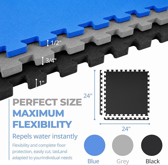 HulkFit Puzzle Exercise Mat, 1/2 Inch EVA Interlocking Foam Gym Flooring for Home Gym, Garage, Apartments, Shock-Absorbing Floor Tiles Workout Mat for Workout Equipment, MMA, Gymnastics, 12 Tiles