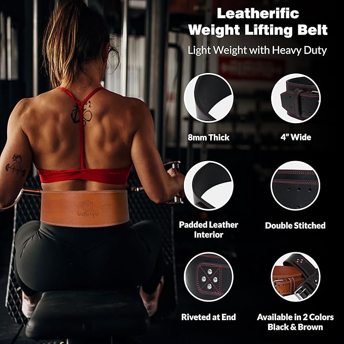 Premium Leather Weight Lifting Belt for Men & Women - 8MM Thick, 4" Wide, Heavy Duty Gym Belt with Steel Buckle for Weightlifting, Powerlifting, Strength Training, Squat or Deadlift Workout, Lower Back Support