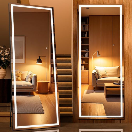 71" x 28" Full Length Mirror with Lights, LED Lighted Floor Standing Body Mirror, Dimmable & 3 Color Lighting for Bedroom, Cloakroom, Dressing Room, Tempered Glass, Black Frame