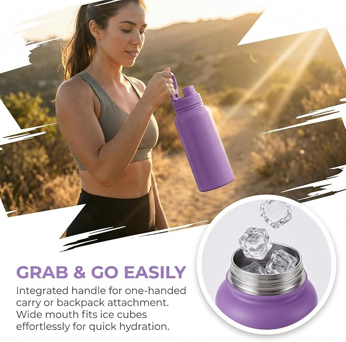 Purple Insulated 32 oz Metal Leakproof Water Bottle | Mens Stainless Steel Water Flask, Large Sports Travel Water Bottle for Gym,Hiking,1 liters Thermal Bottle with 2 Lids